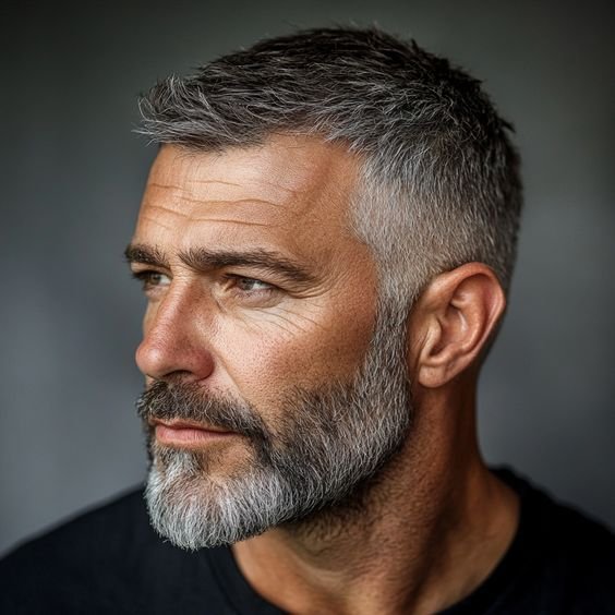 Corte muy corto al rape con barba canosa