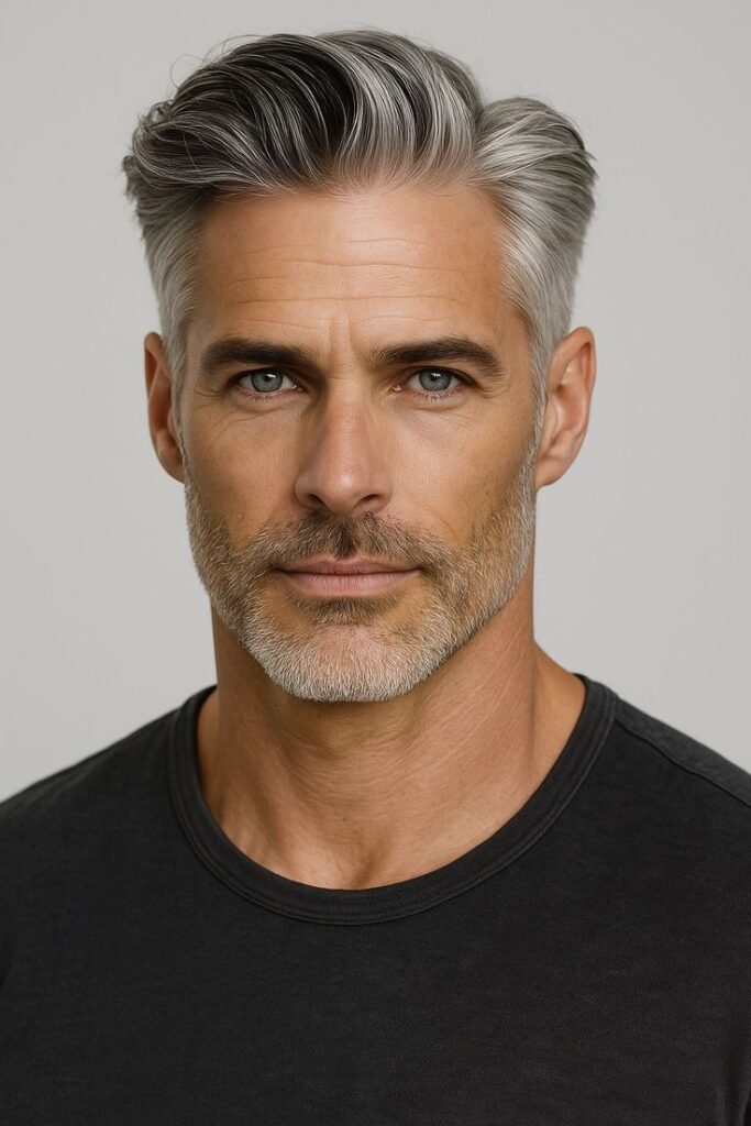Pelo gris peinado hacia atrás con volumen