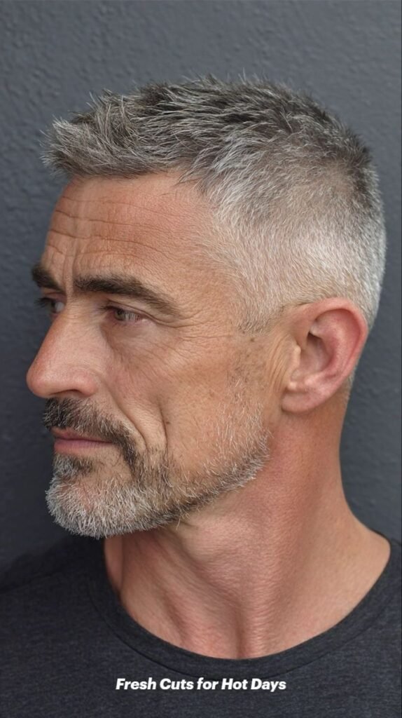 Corte con degradado en los laterales y barba canosa