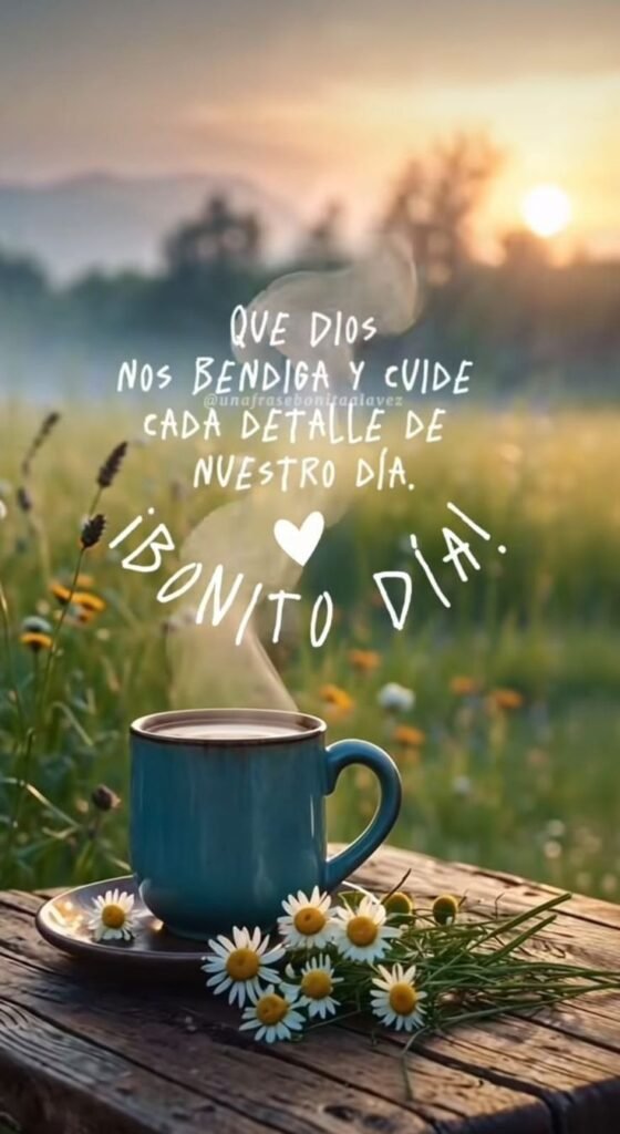 Taza de café en el campo al amanecer con un mensaje de bendición