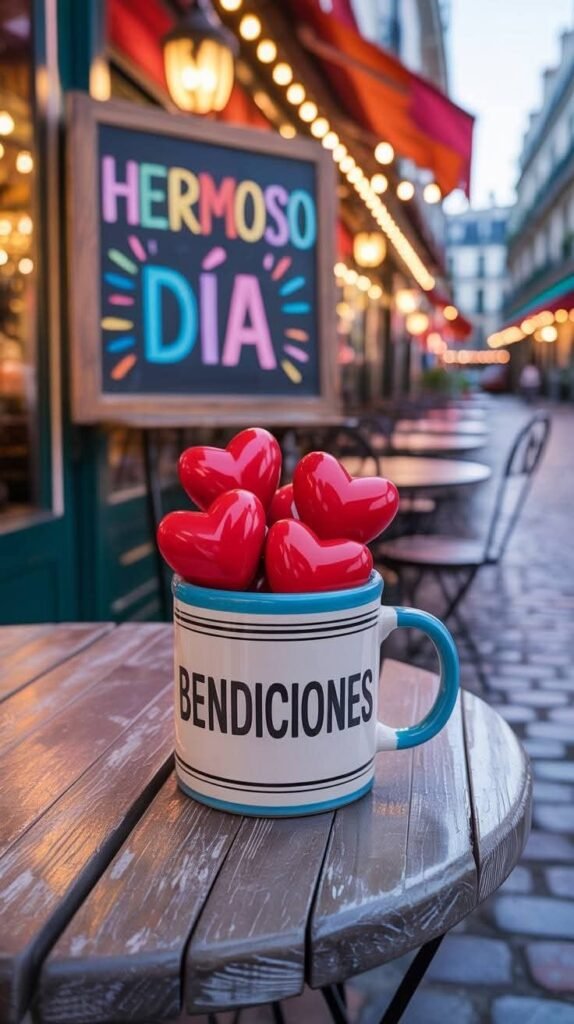 Taza con corazones y un cartel que dice hermoso día