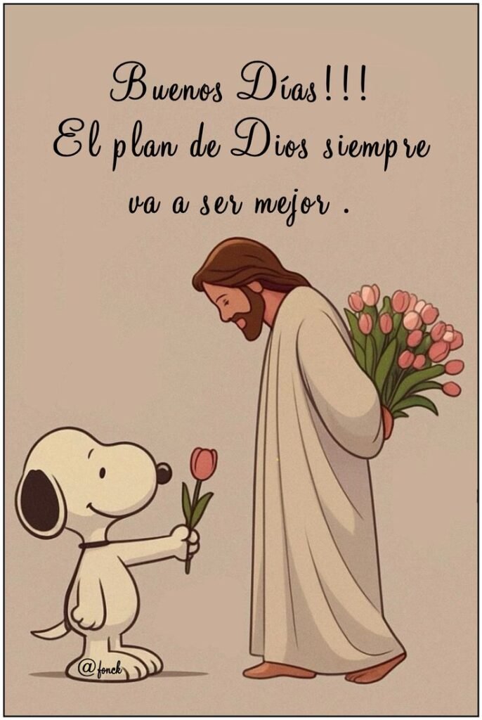 Ilustración de un perro con flores y un mensaje de buenos días
