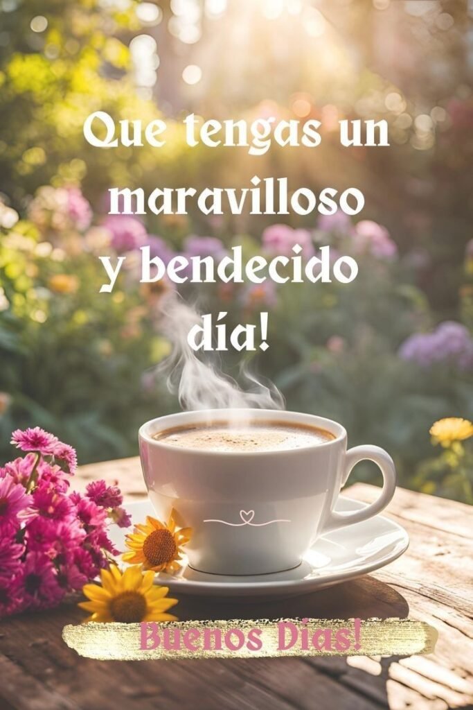 Taza de café entre flores con el mensaje de un día bendecido