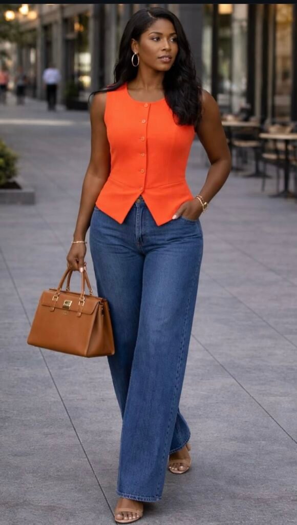 Top naranja con jeans oscuros