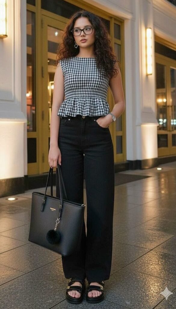 Top de cuadros con pantalón negro