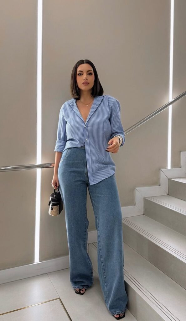 Camisa azul anudada a la cintura con jeans anchos