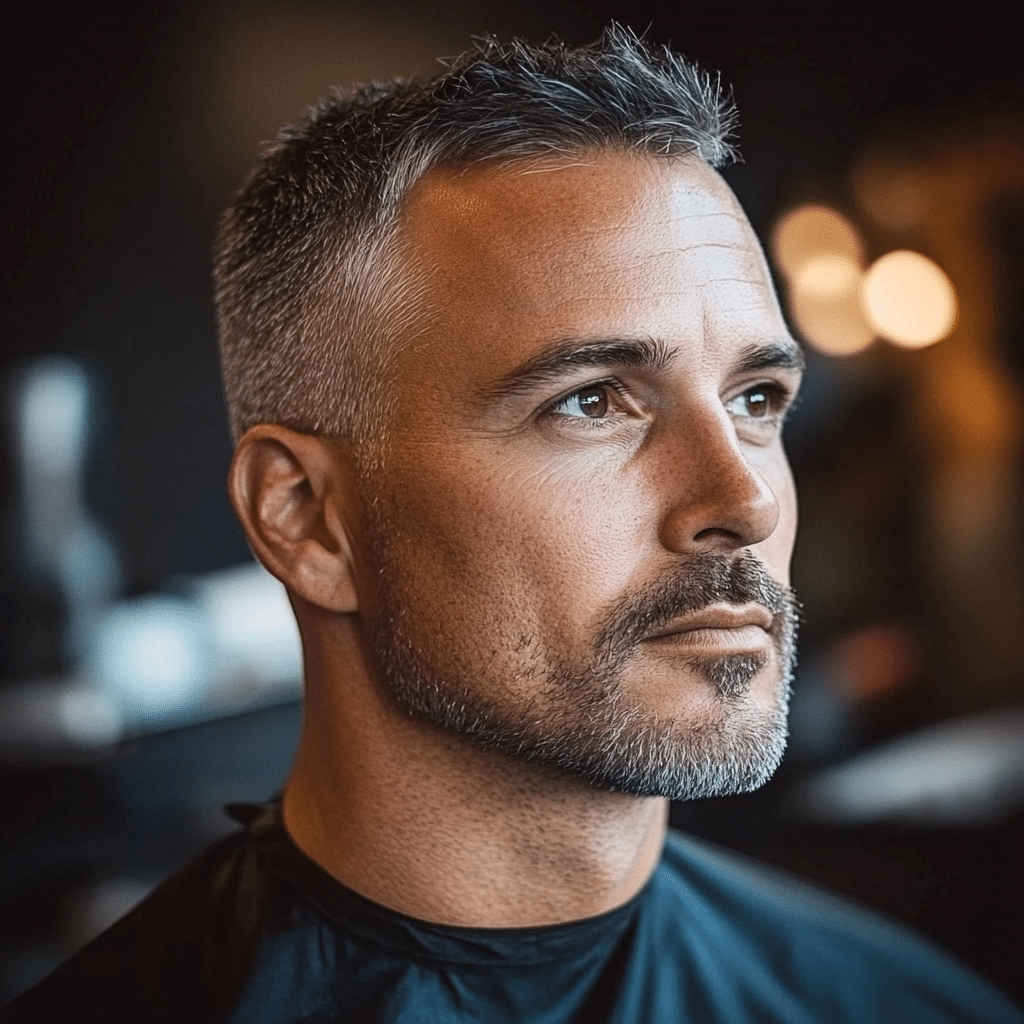 Corte corto con textura, degradado y barba recortada