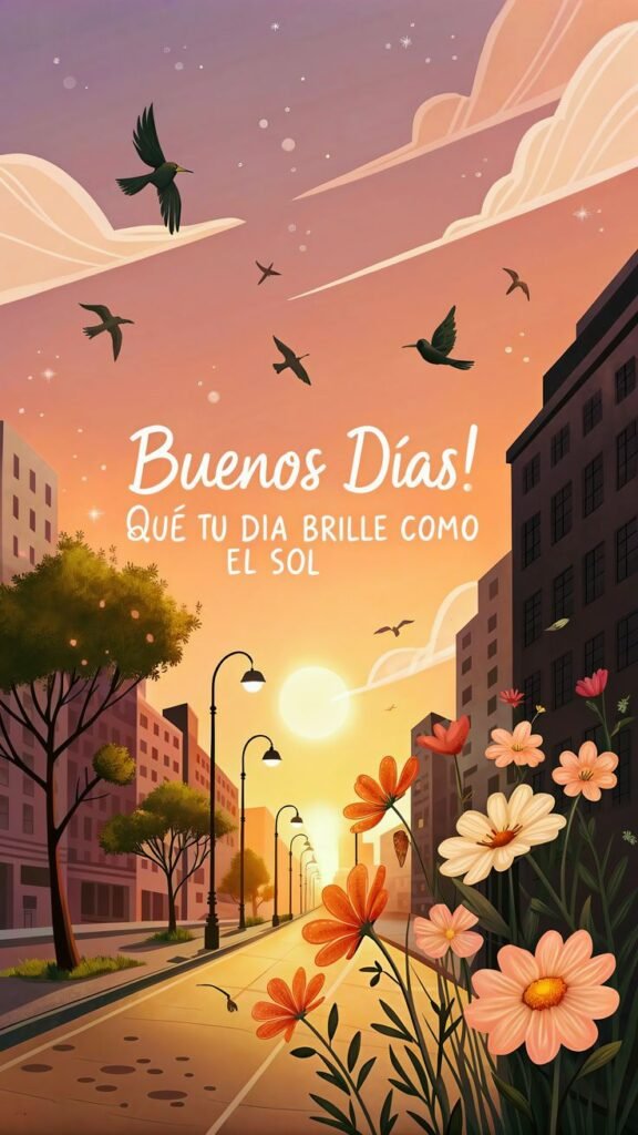Calle ilustrada al amanecer con el deseo de un día brillante