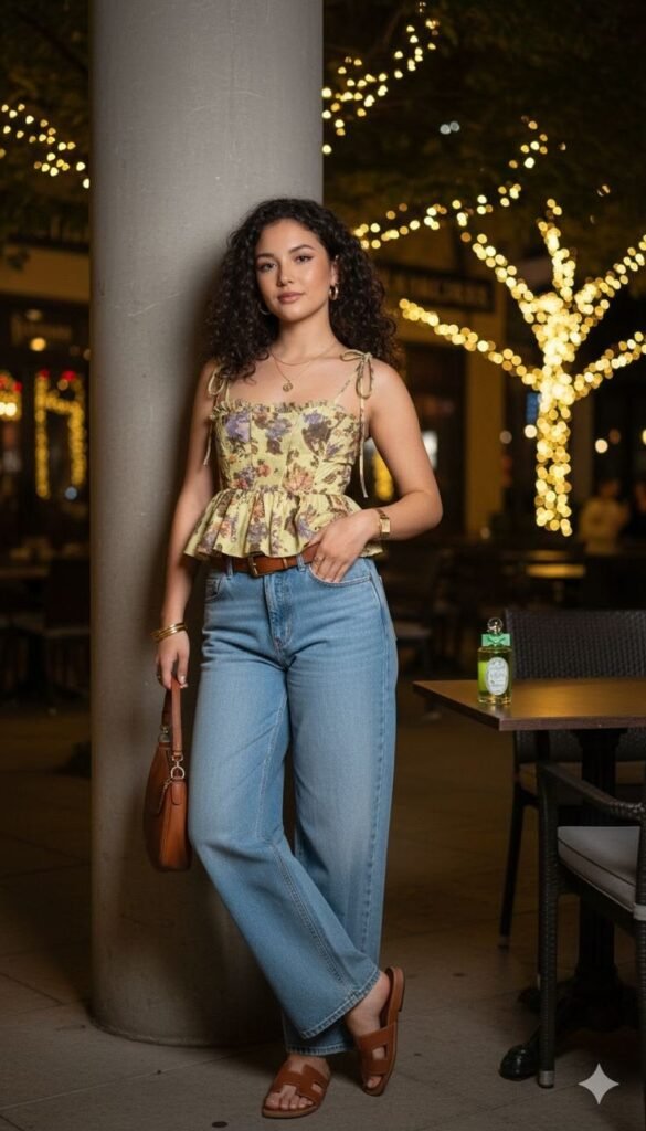 Top estampado con jeans anchos claros