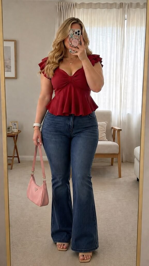 Top burdeos con volante y jeans acampanados