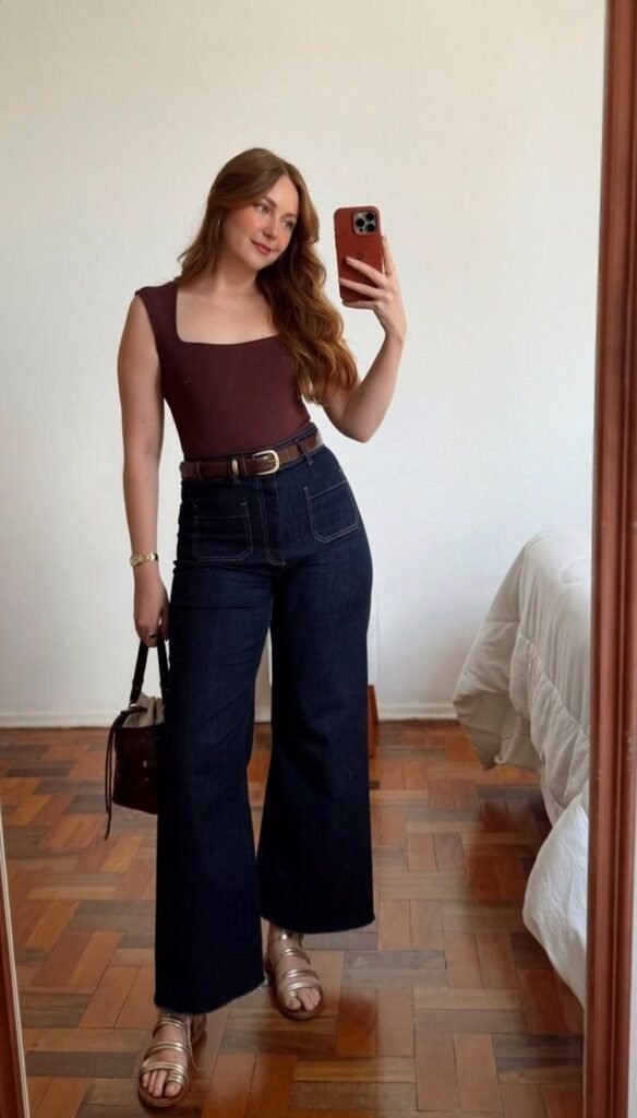Top burdeos con pantalón vaquero ancho y cinturón