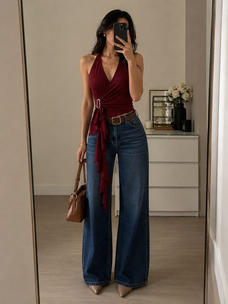 Top burdeos cruzado con jeans anchos y cinturón