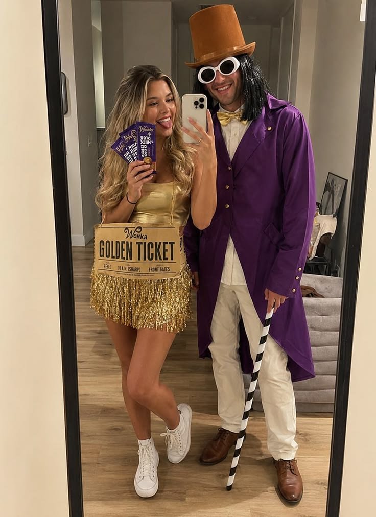 Disfraz de pareja para Halloween: Willy Wonka y el boleto dorado